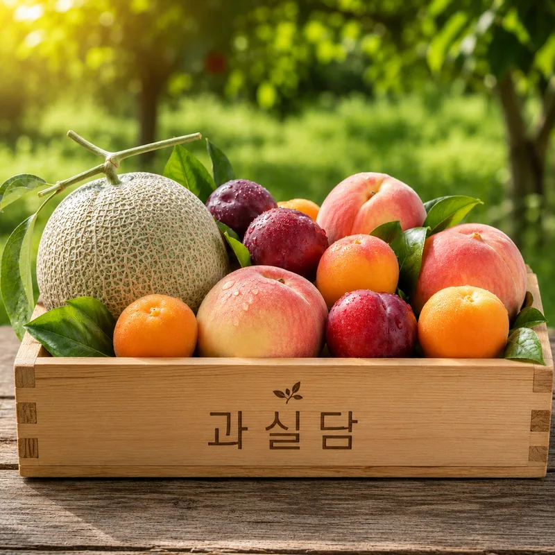 과실담 이름이 새겨진 나무 상자에 과일이 담긴 회사의 브랜드 연출 이미지